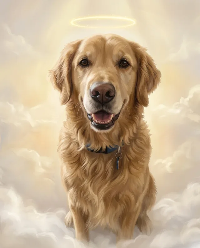 A soft-light memorial portrait of a golden retriever