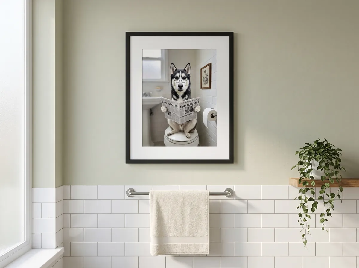 The Throne Room husky portrait framed on a bathroom wall
