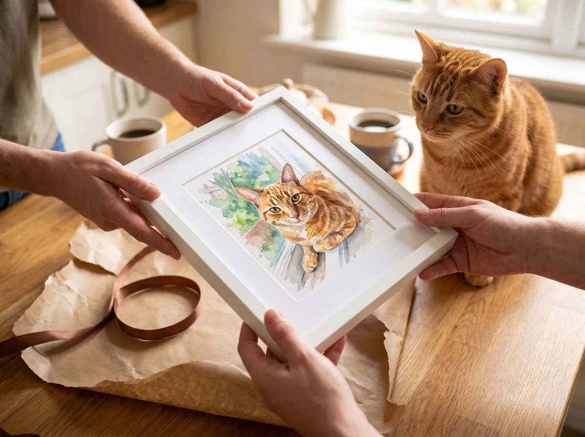 A framed watercolor cat portrait being given as a gift, with the same cat nearby