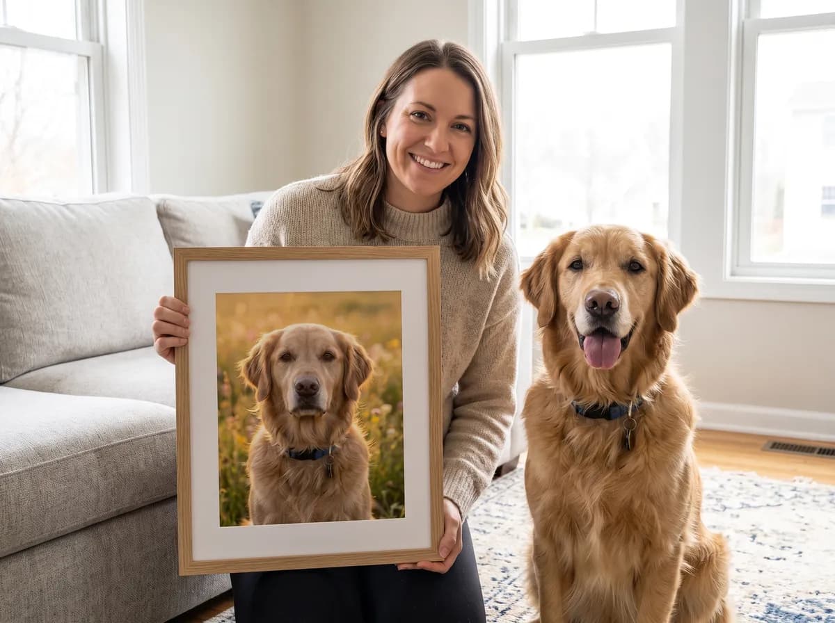 A woman holding a framed Golden Hour portrait beside the same golden retriever