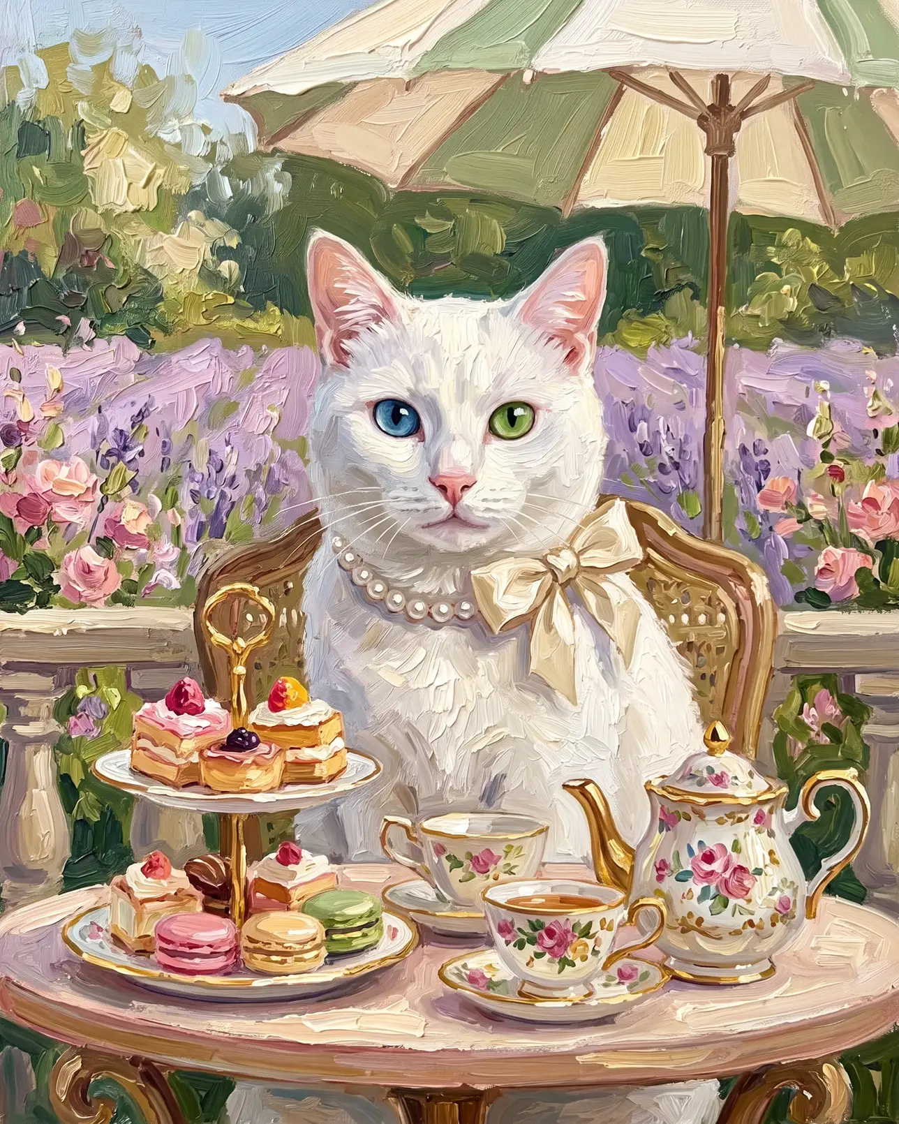Duo, un chat blanc, exemple Le Thé de l'après-midi.