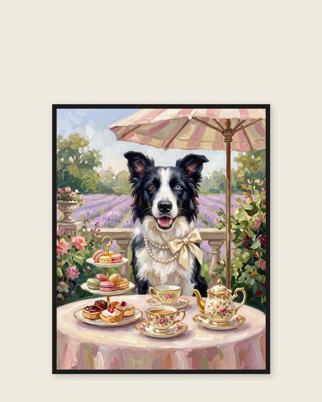 Une toile encadrée noire de Skye, un border collie, dans le style Thé de l'après-midi.