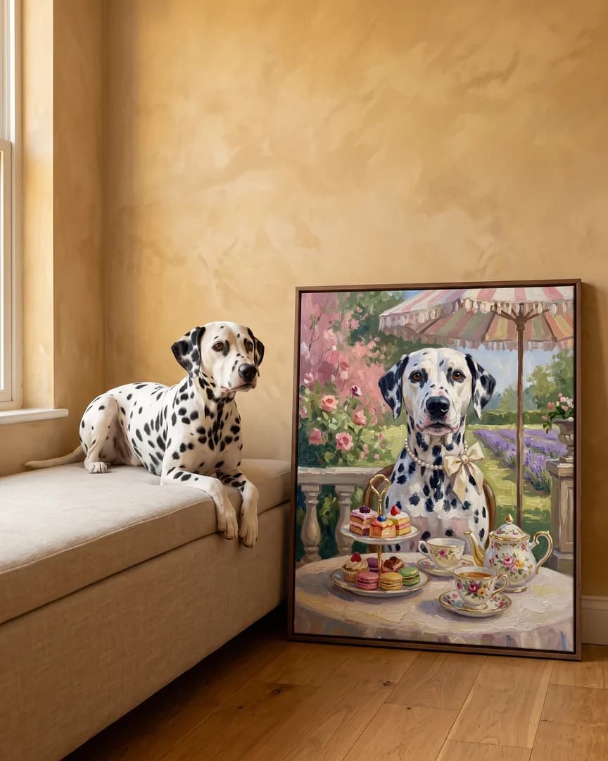 Ace, un dalmatien, à côté d'une toile encadrée brune de son portrait Thé de l'après-midi.