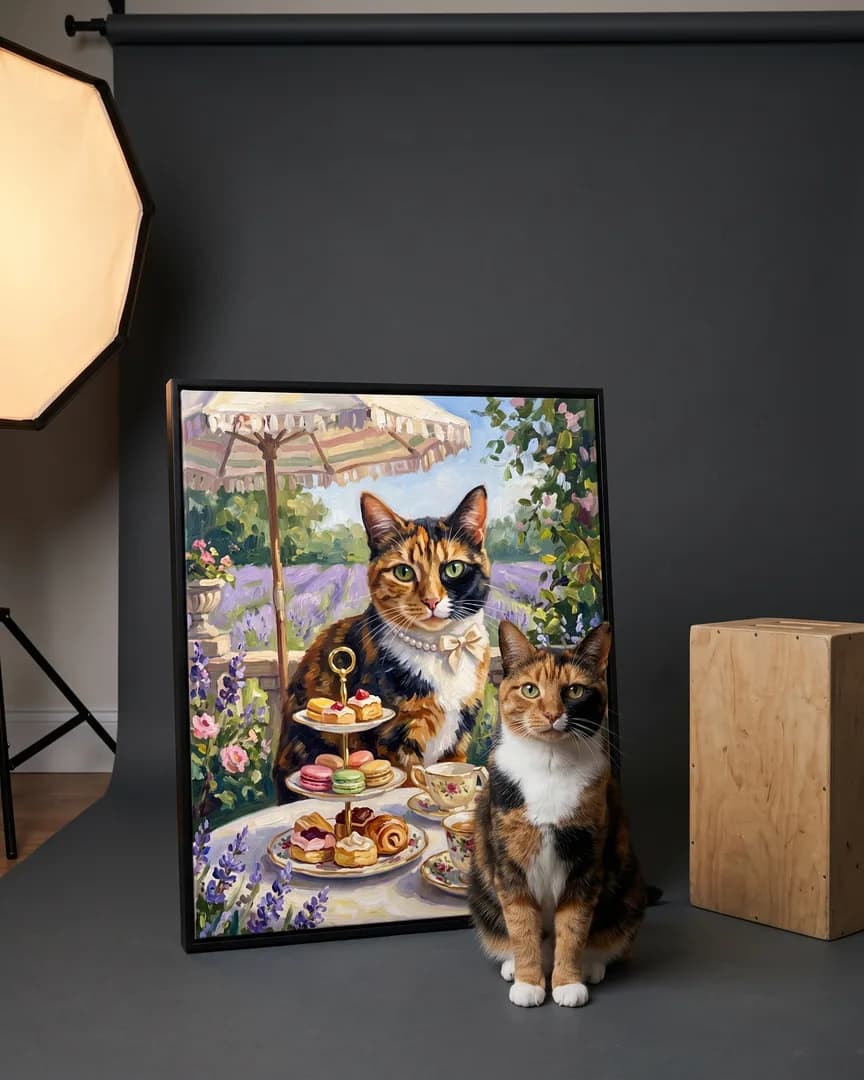 Patch, un chat calico, à côté d'une toile encadrée noire de son portrait Thé de l'après-midi.