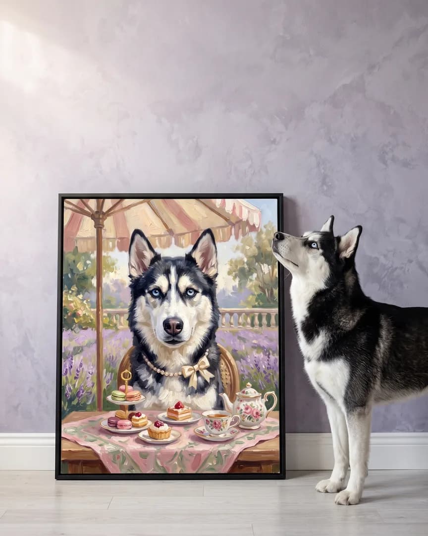 Nova, un husky sibérien, à côté d'une toile encadrée noire de son portrait Thé de l'après-midi.