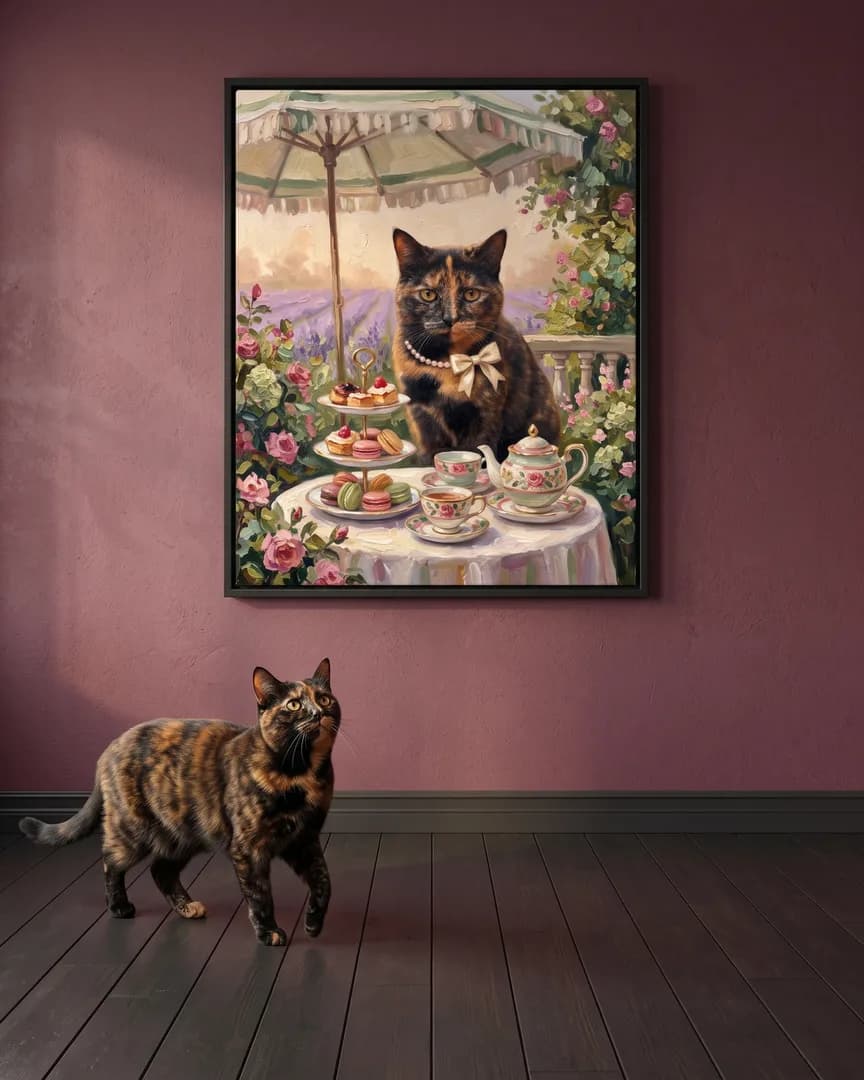 Autumn, un chat écaille, à côté d'une toile encadrée noire de son portrait Thé de l'après-midi.