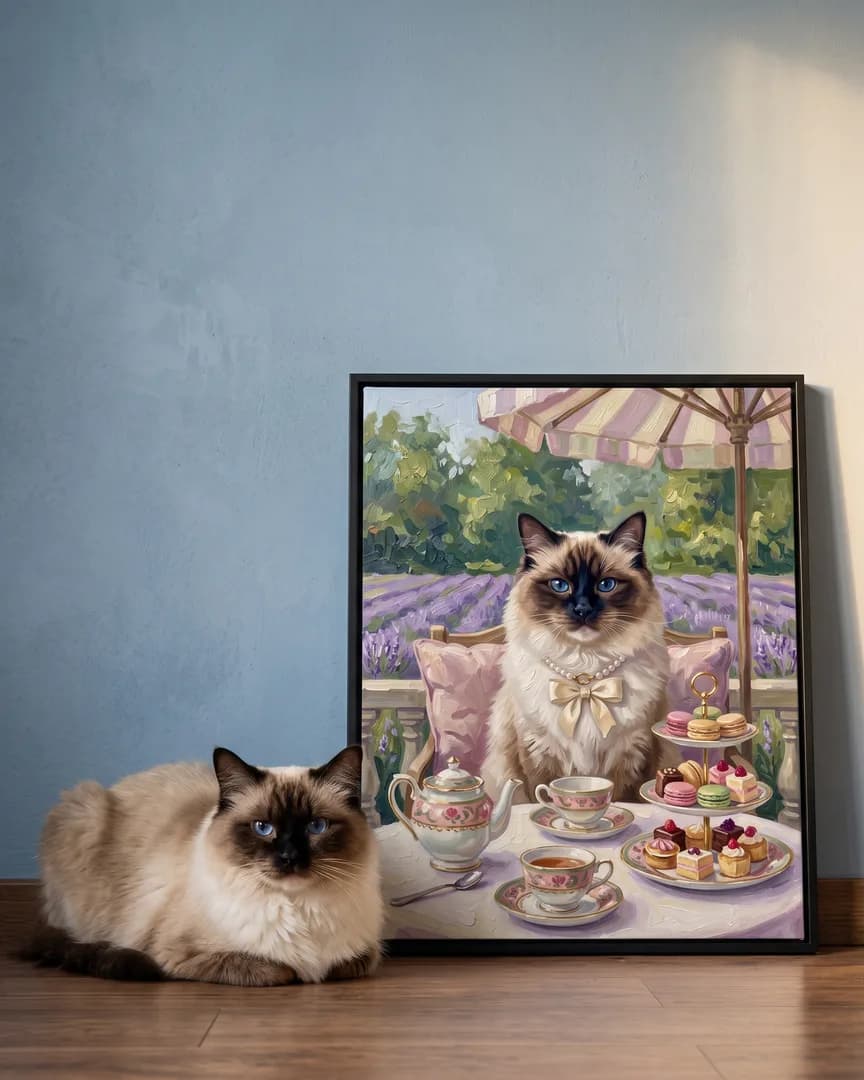 Willow, un chat ragdoll, à côté d'une toile encadrée noire de son portrait Thé de l'après-midi.