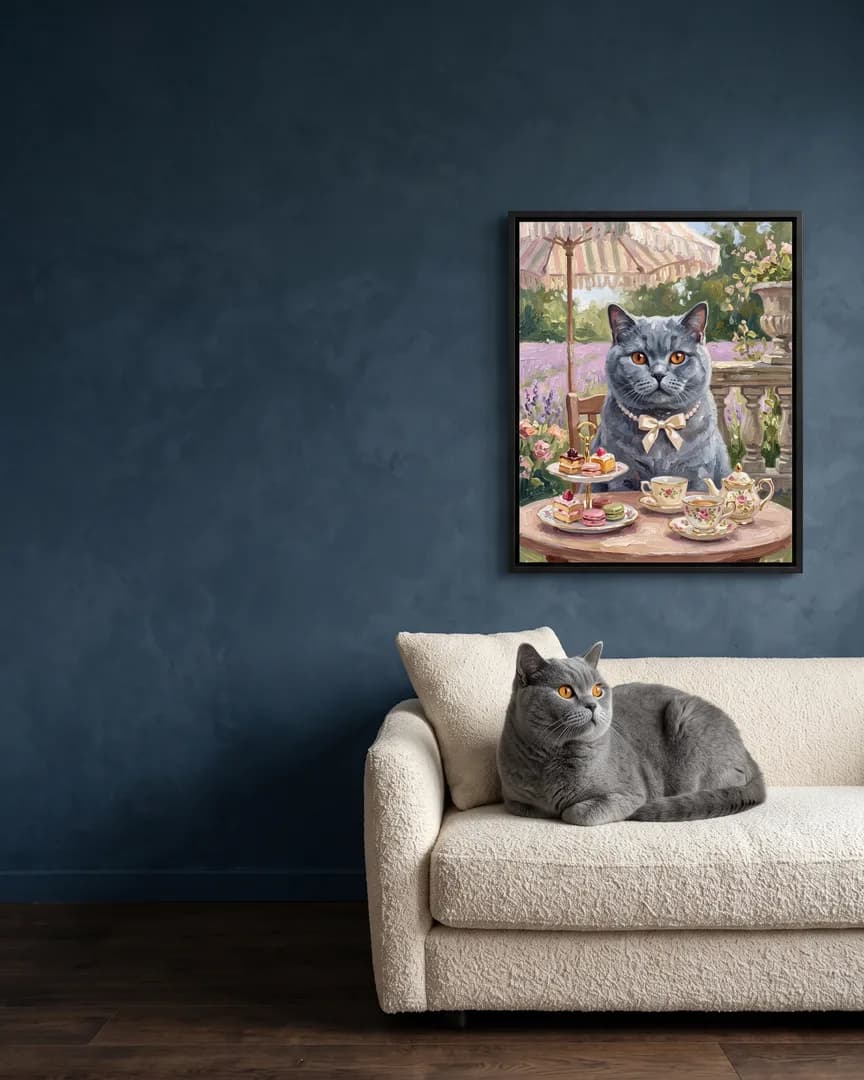 Earl, un chat british shorthair, à côté d'une toile encadrée noire de son portrait Thé de l'après-midi.