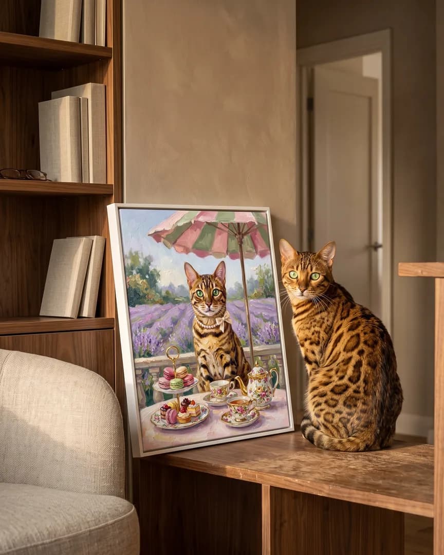Jasper, un chat bengal, à côté d'une toile encadrée blanche de son portrait Thé de l'après-midi.