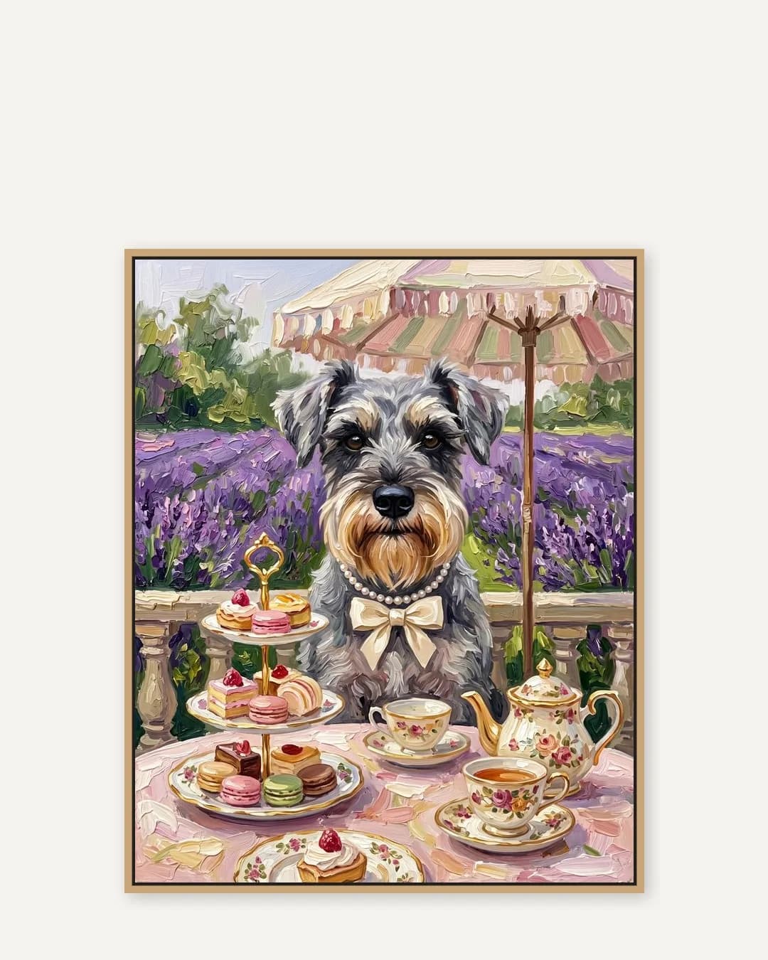 Une toile encadrée en chêne naturel de Otis, un schnauzer nain, dans le style Thé de l'après-midi.