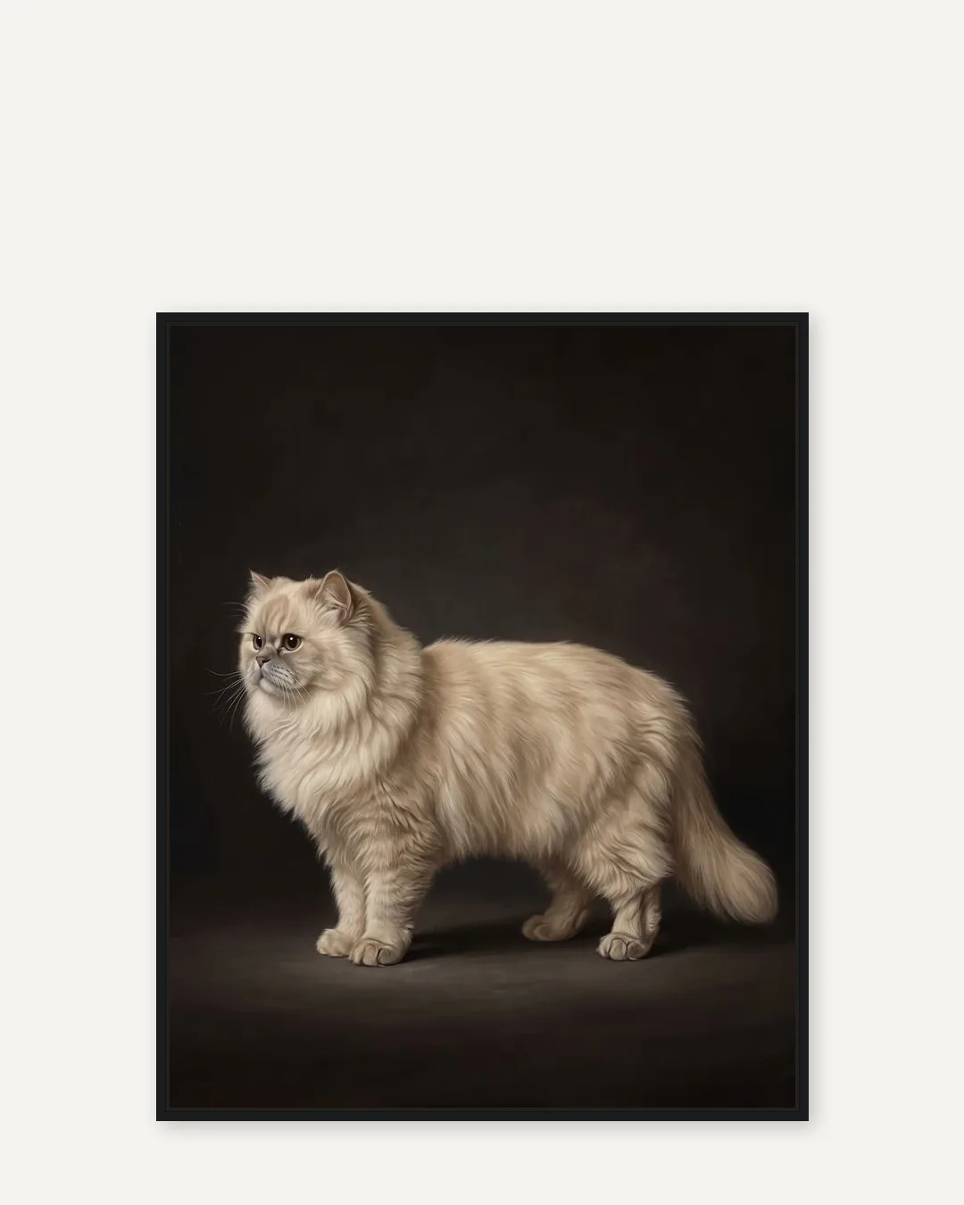 A black float-framed canvas of Frost, a Persian, in the Best in Show style.