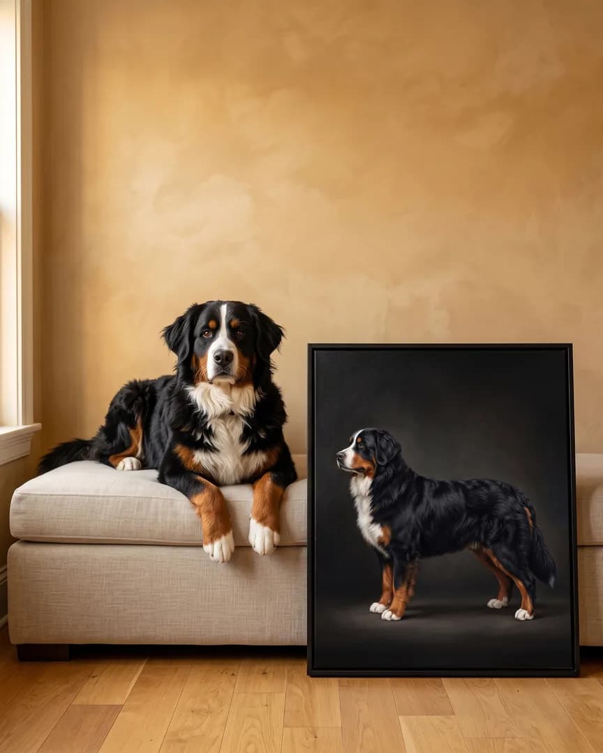 Bruno, a Bernese mountain dog, beside a black framed canvas of their own Best in Show portrait.