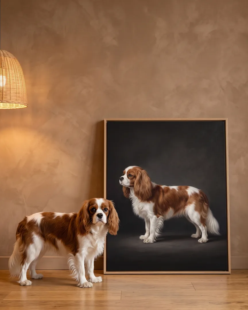 Daisy, a Cavalier King Charles spaniel, beside a natural-oak framed canvas of their own Best in Show portrait.