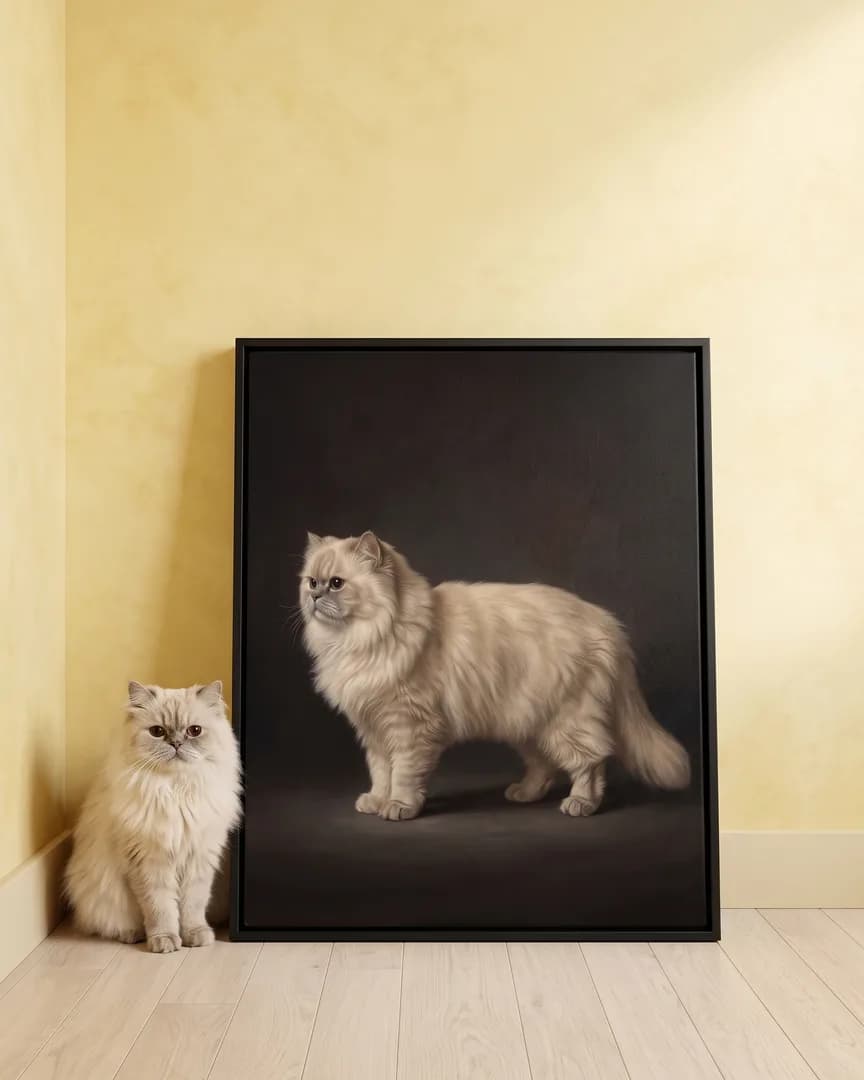Frost, a Persian, beside a black framed canvas of their own Best in Show portrait.