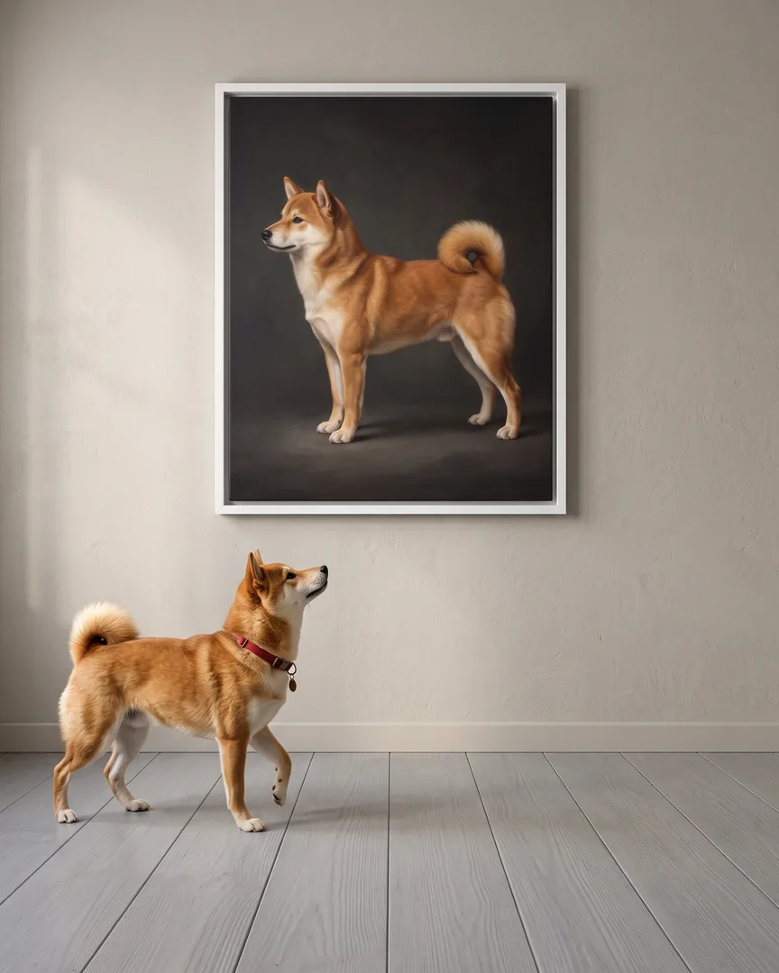 Suki, a Shiba Inu, beside a white framed canvas of their own Best in Show portrait.