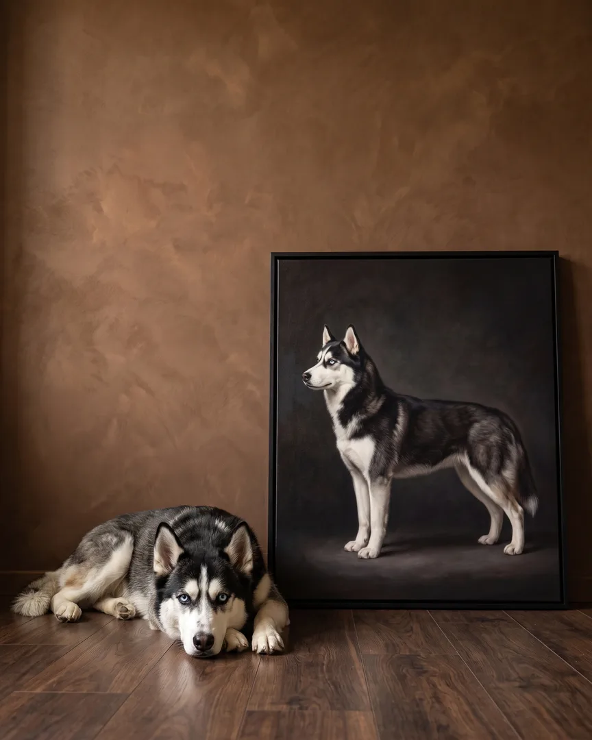 Nova, a Siberian husky, beside a black framed canvas of their own Best in Show portrait.