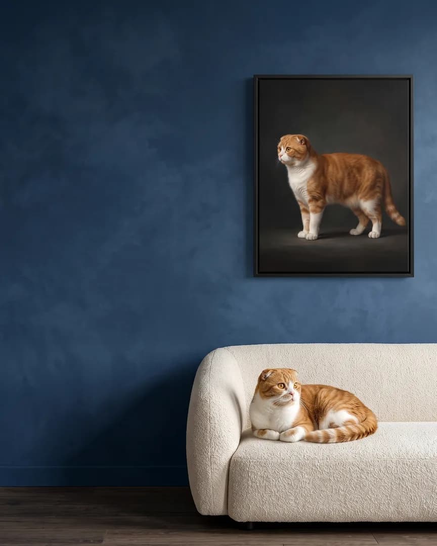 Biscuit, a Scottish fold, beside a black framed canvas of their own Best in Show portrait.