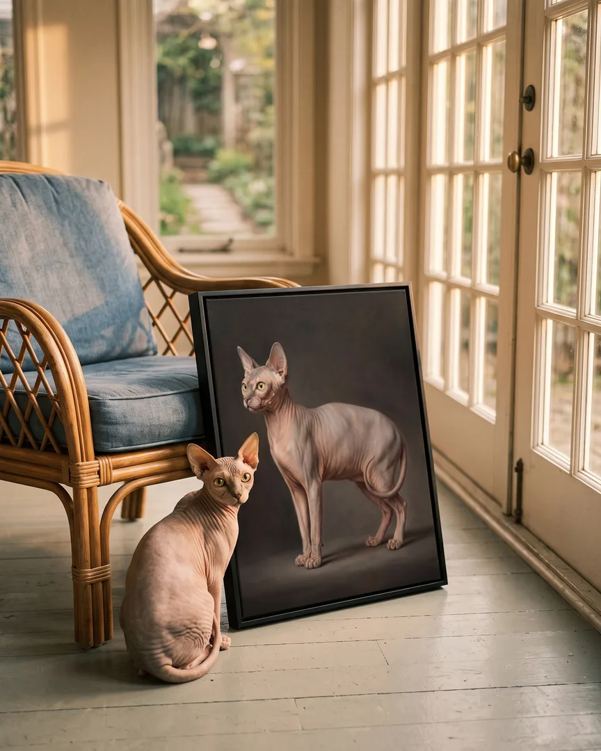 Yoda, a Sphynx, beside a black framed canvas of their own Best in Show portrait.