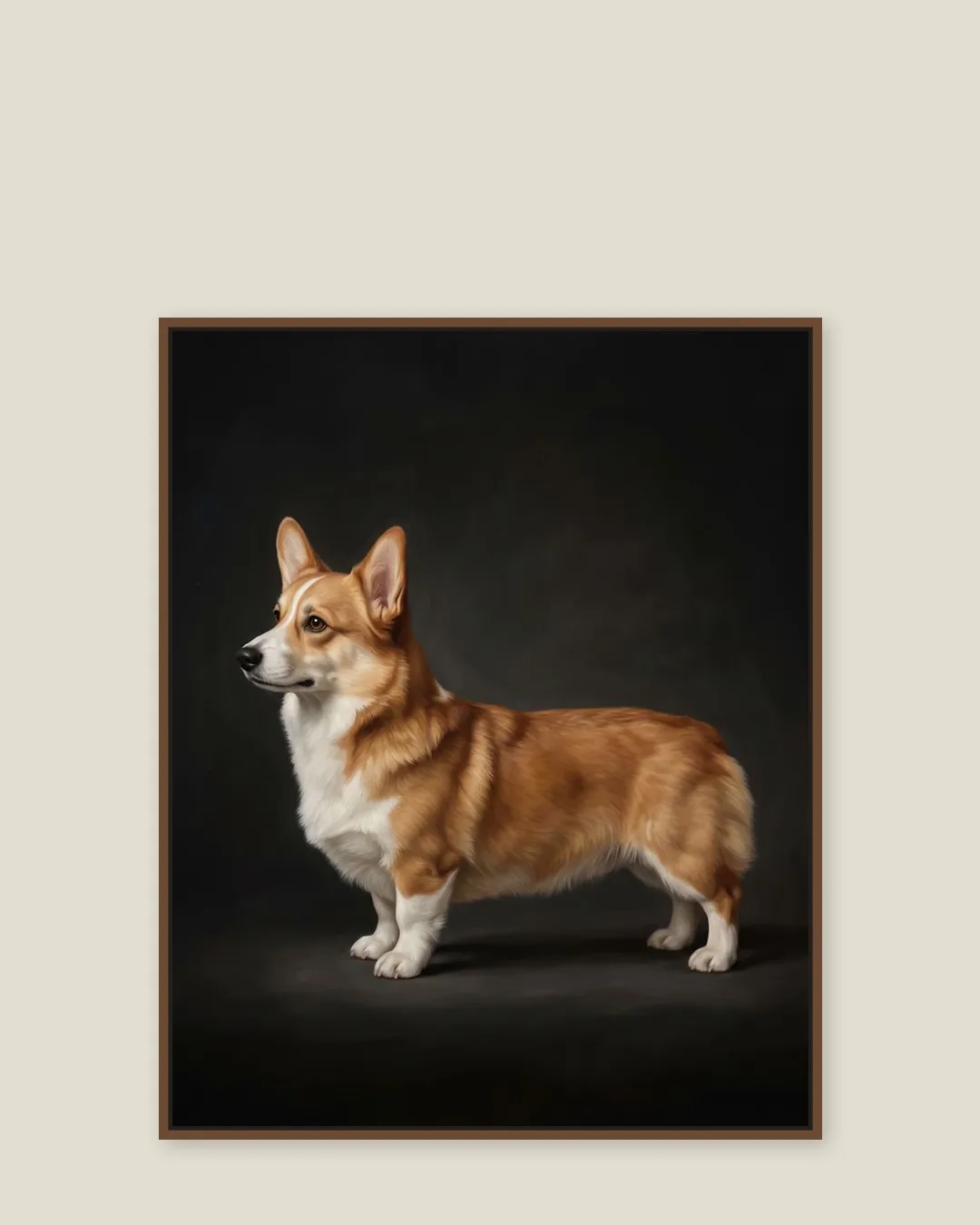 A brown float-framed canvas of Pixel, a Pembroke Welsh corgi, in the Best in Show style.