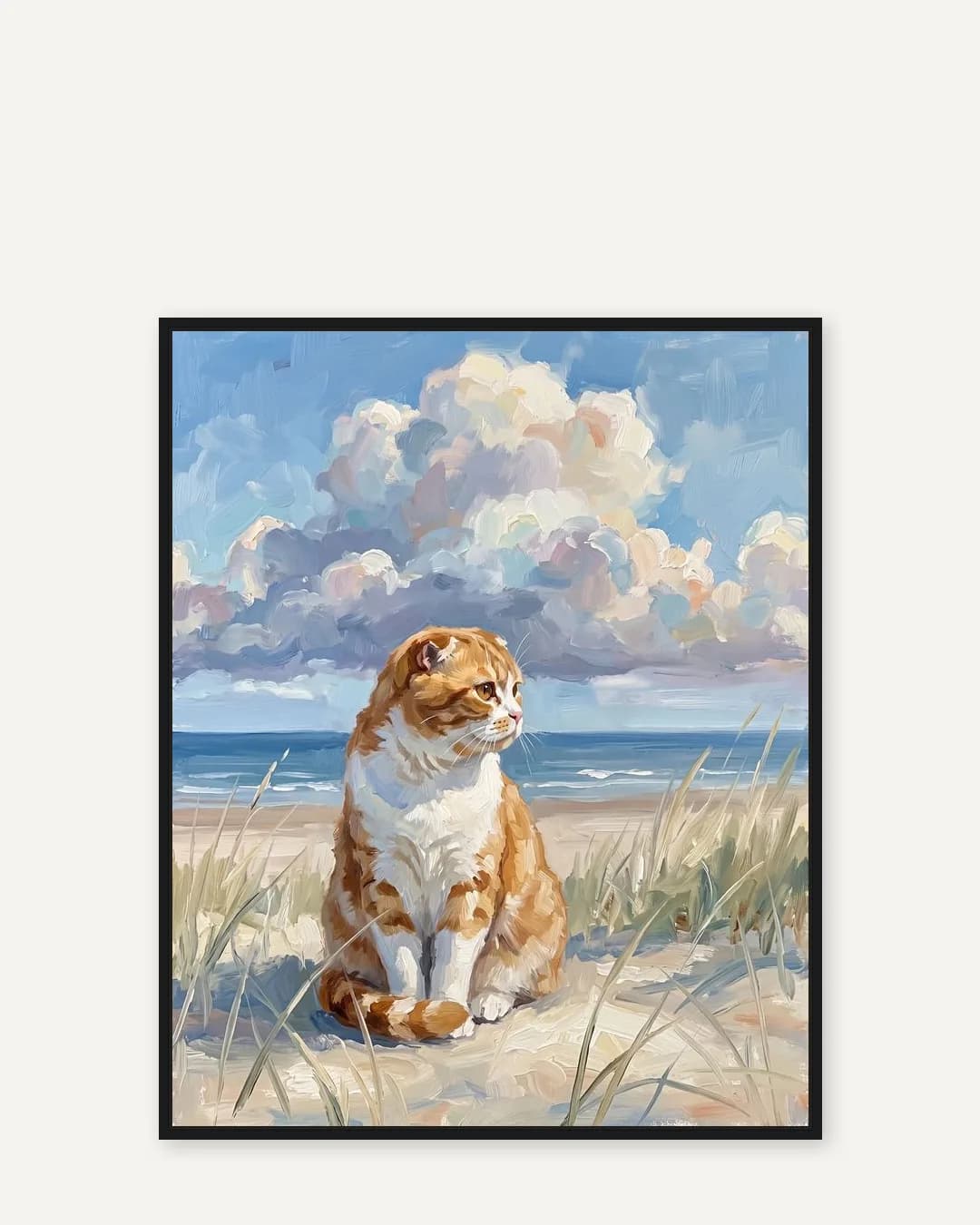 A black float-framed canvas of Biscuit, a Scottish fold, a gentle Windswept Dunes portrait kept close.