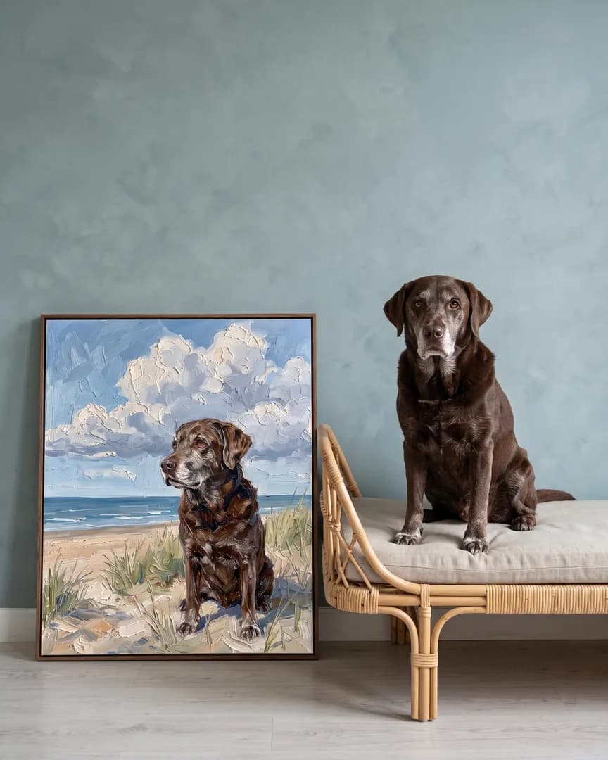 Moose, a chocolate labrador retriever, beside a brown framed canvas of their own Windswept Dunes portrait.