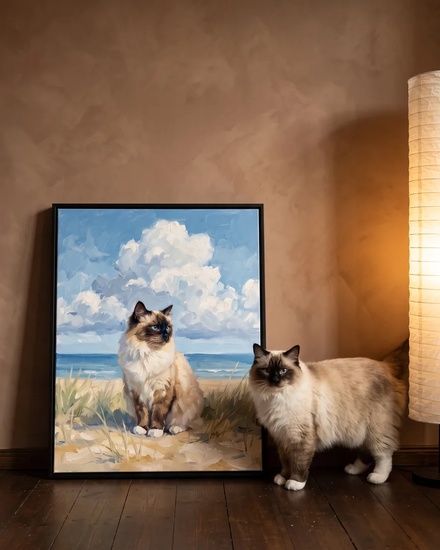 Willow, a Ragdoll, beside a black framed canvas of their own Windswept Dunes portrait.