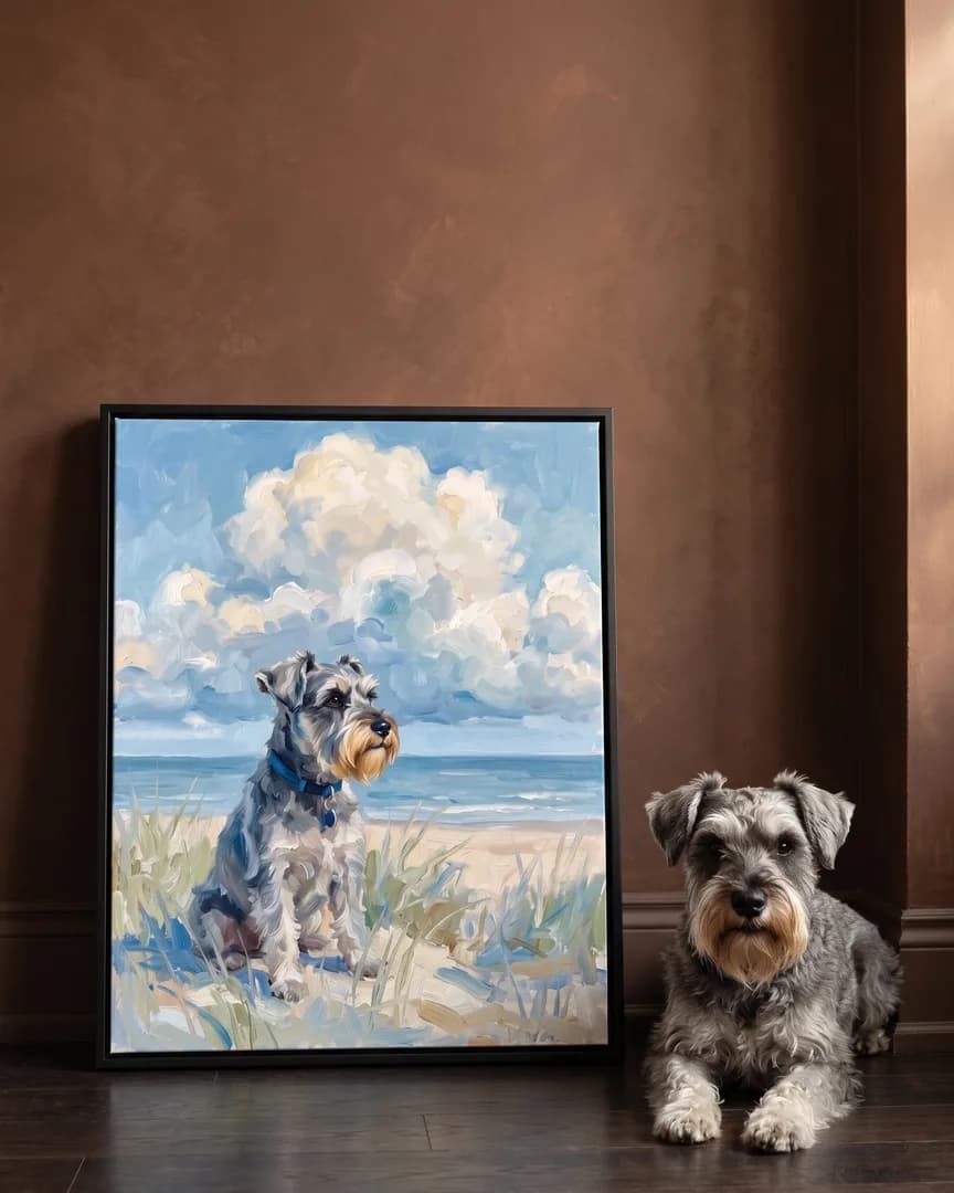 Otis, a miniature schnauzer, beside a black framed canvas of their own Windswept Dunes portrait.