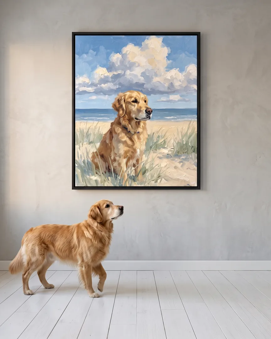 Sunny, a golden retriever, beside a black framed canvas of their own Windswept Dunes portrait.