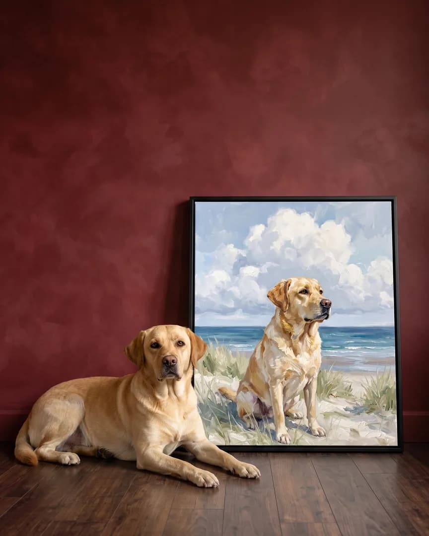 Marley, a yellow labrador retriever, beside a black framed canvas of their own Windswept Dunes portrait.