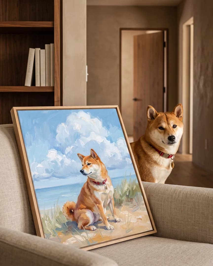 Suki, a Shiba Inu, beside a natural-oak framed canvas of their own Windswept Dunes portrait.