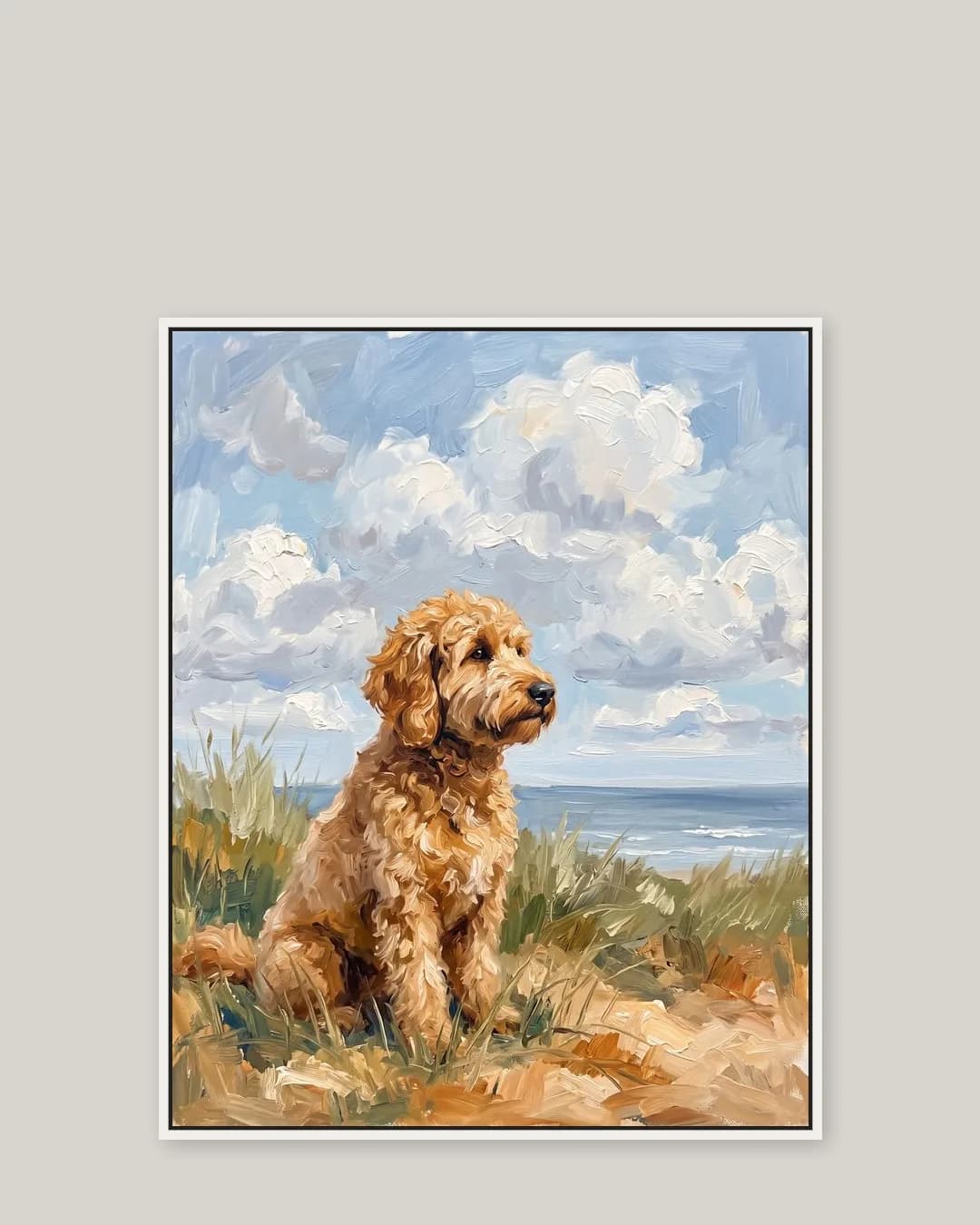 A white float-framed canvas of Teddy, a goldendoodle, a gentle Windswept Dunes portrait kept close.