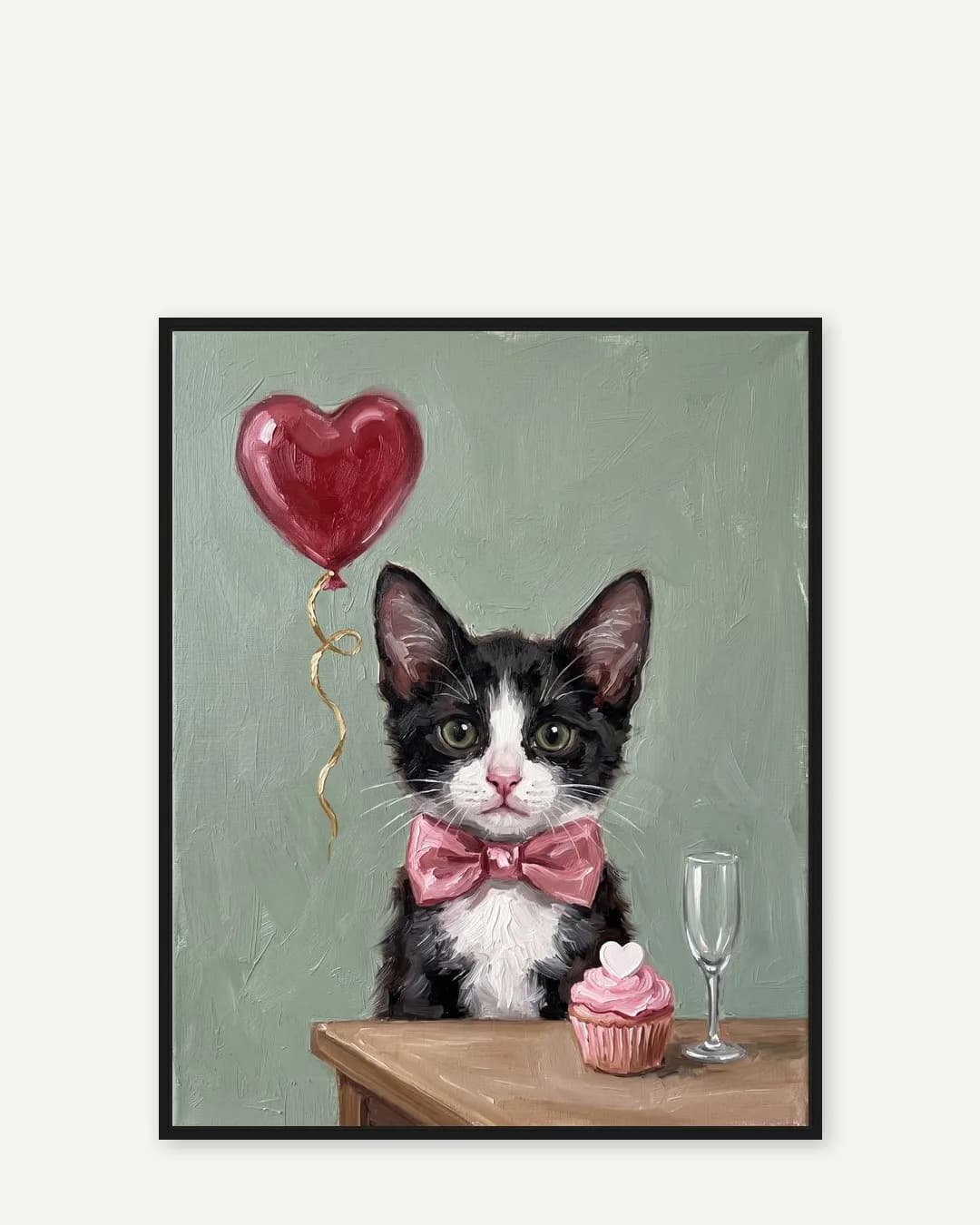 A black float-framed canvas of Oreo, a tuxedo domestic shorthair kitten, in the Candlelit Date style.