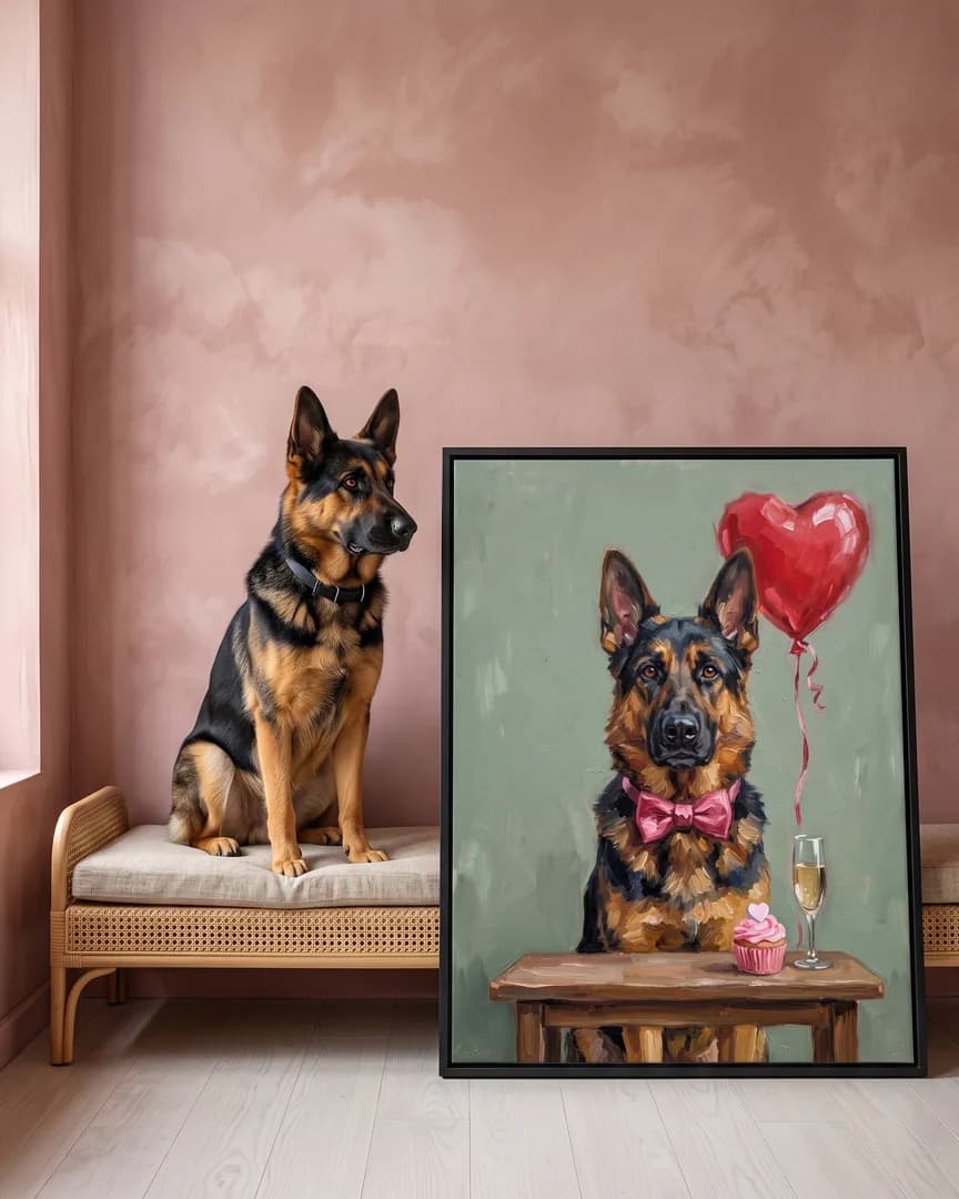 Rex, a German shepherd, beside a black framed canvas of their own Candlelit Date portrait.