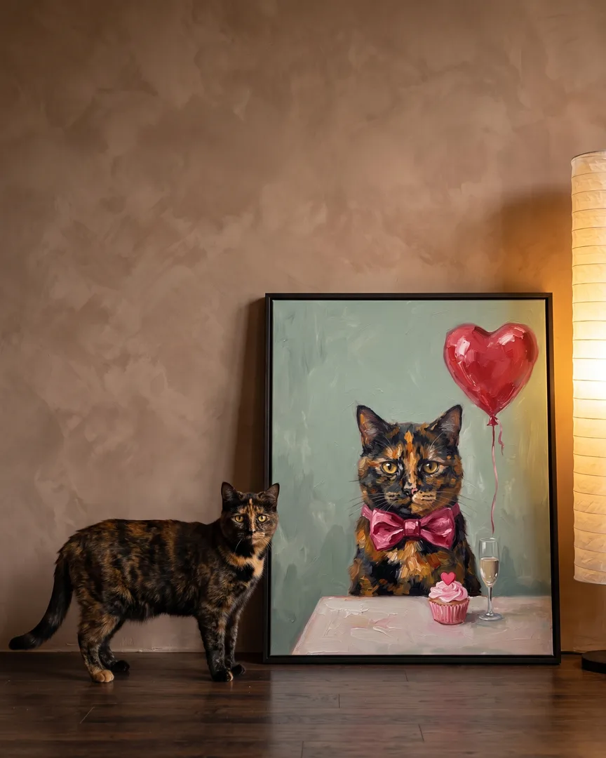 Autumn, a tortoiseshell domestic shorthair, beside a black framed canvas of their own Candlelit Date portrait.
