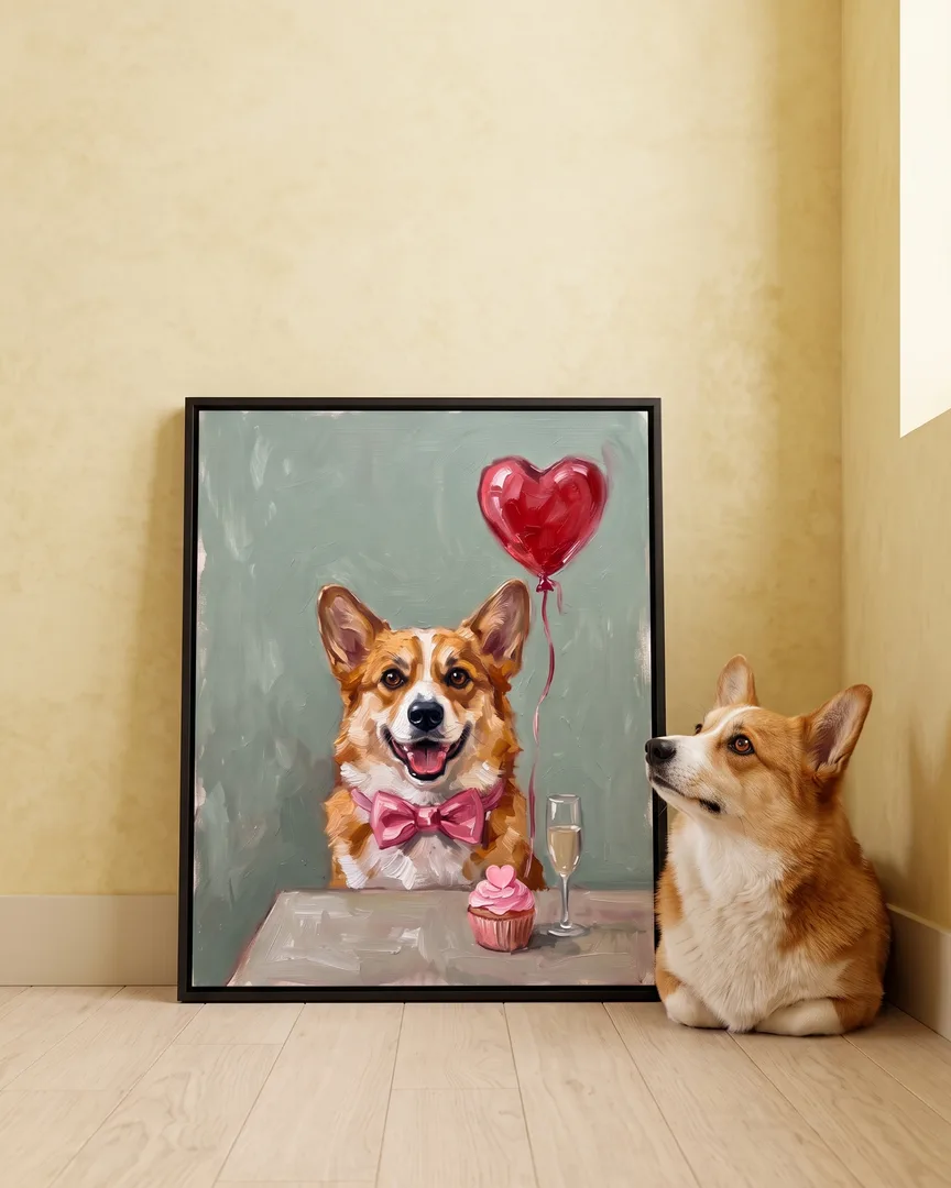 Pixel, a Pembroke Welsh corgi, beside a black framed canvas of their own Candlelit Date portrait.