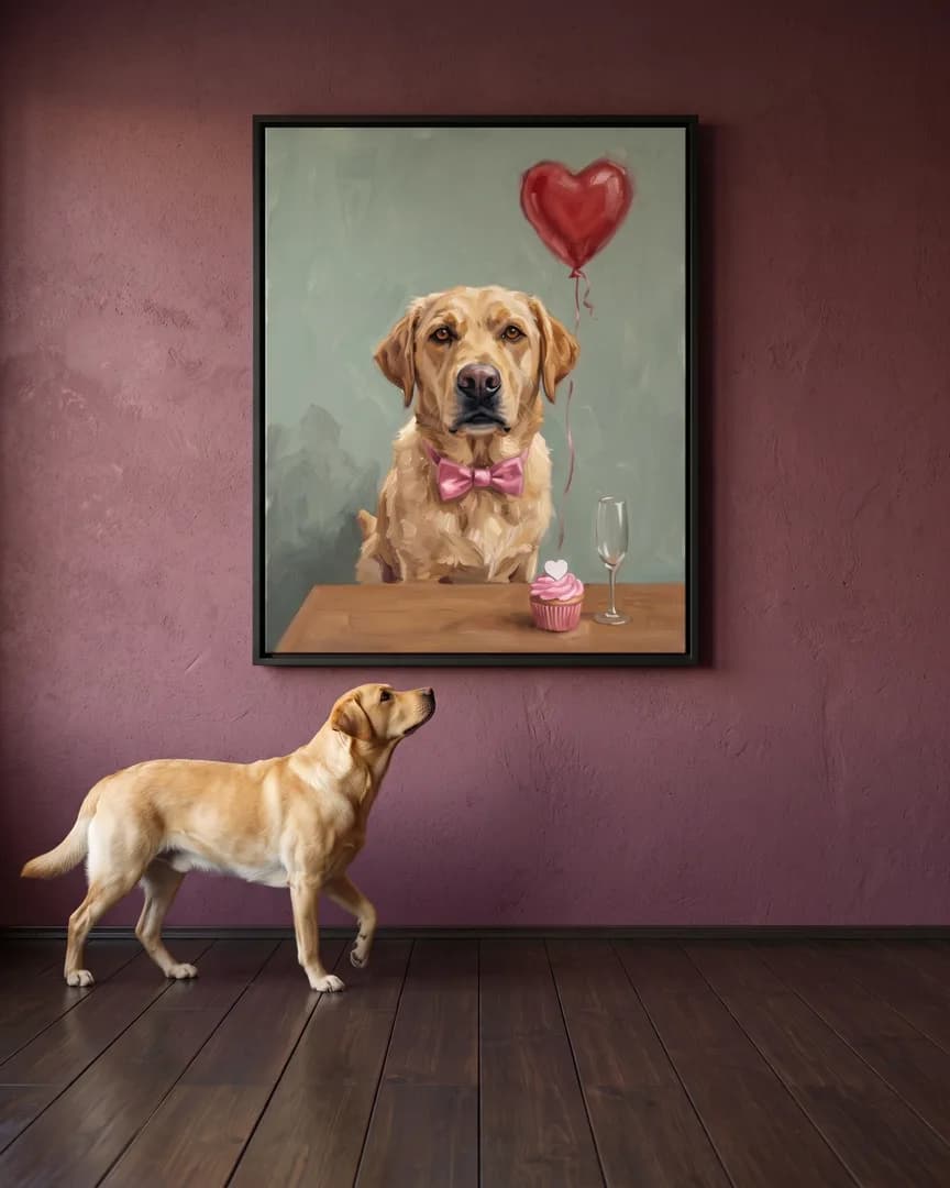 Marley, a yellow labrador retriever, beside a black framed canvas of their own Candlelit Date portrait.