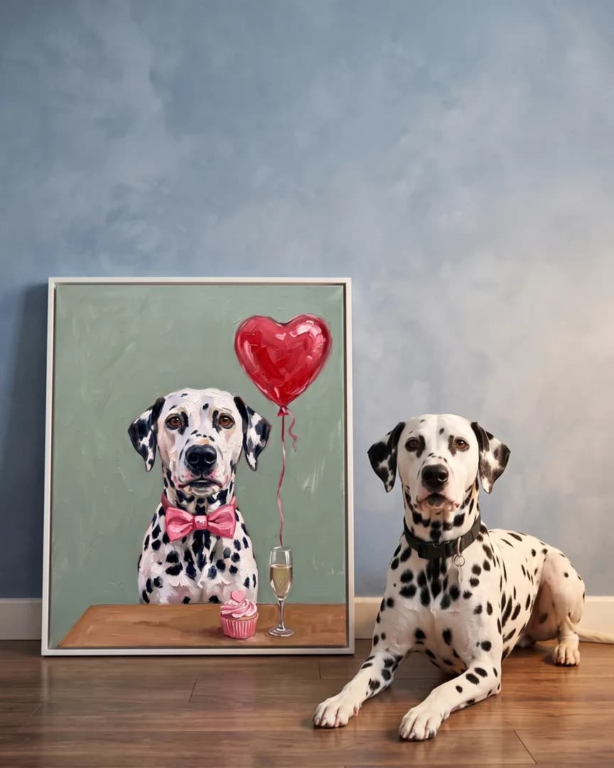 Ace, a Dalmatian, beside a white framed canvas of their own Candlelit Date portrait.
