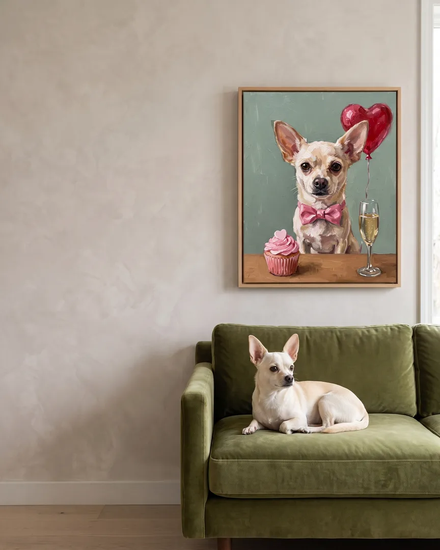 Pip, a chihuahua, beside a natural-oak framed canvas of their own Candlelit Date portrait.