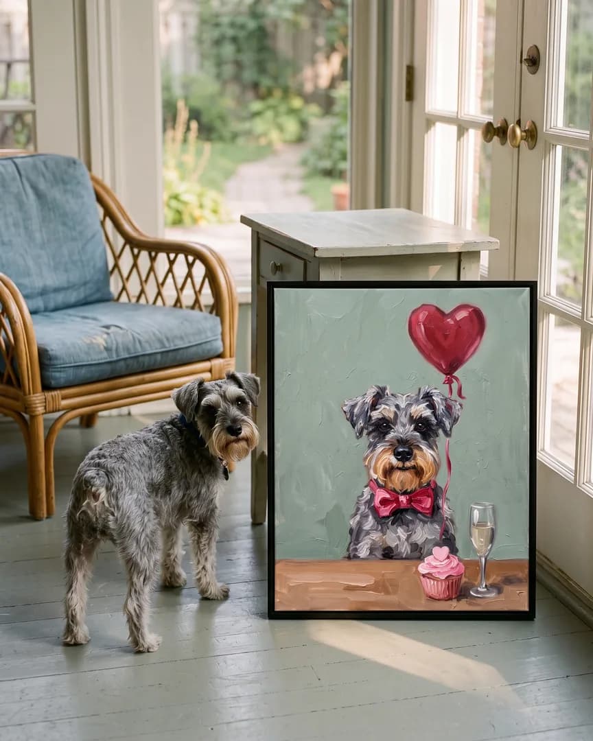 Otis, a miniature schnauzer, beside a black framed canvas of their own Candlelit Date portrait.