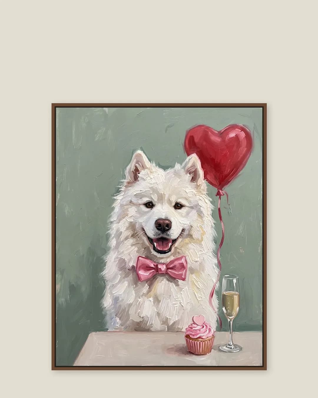 A brown float-framed canvas of Snowy, a Samoyed, in the Candlelit Date style.