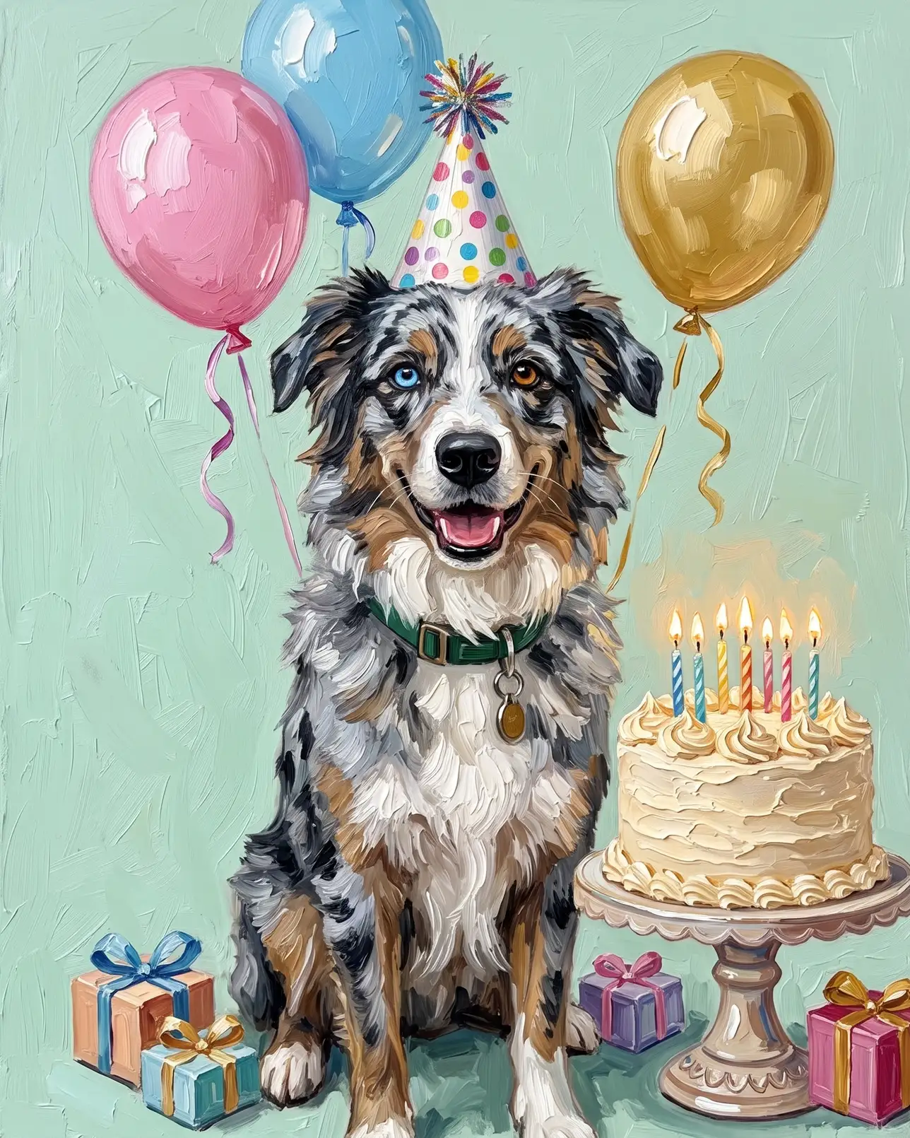 Koda, un berger australien, exemple Gâteau et Confettis.