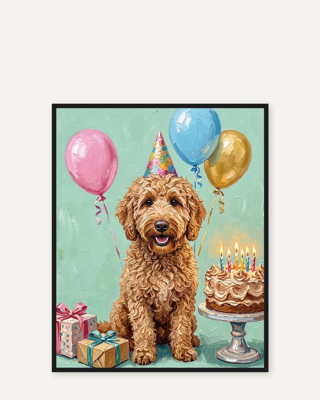 Une toile encadrée noire de Teddy, un goldendoodle, dans le style Gâteau et Confettis.