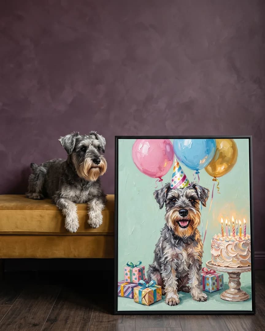 Otis, un schnauzer nain, à côté d'une toile encadrée noire de son portrait Gâteau et Confettis.