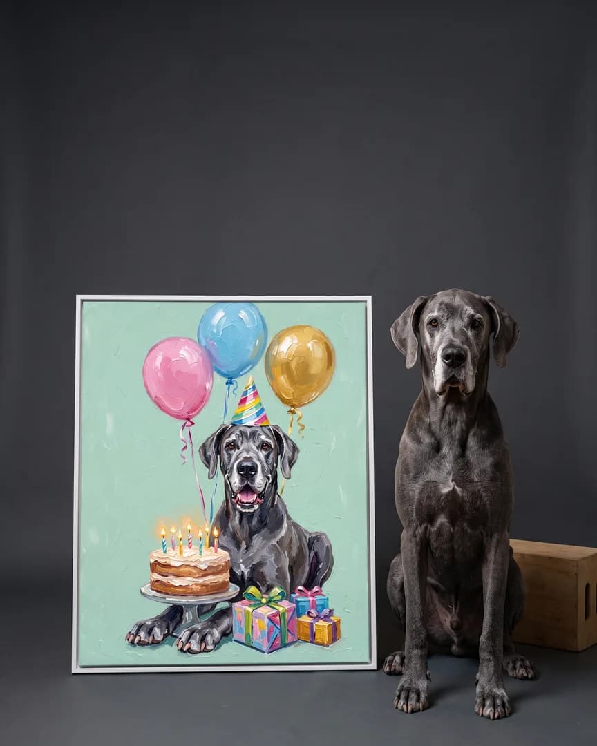 Duke, un danois, à côté d'une toile encadrée blanche de son portrait Gâteau et Confettis.
