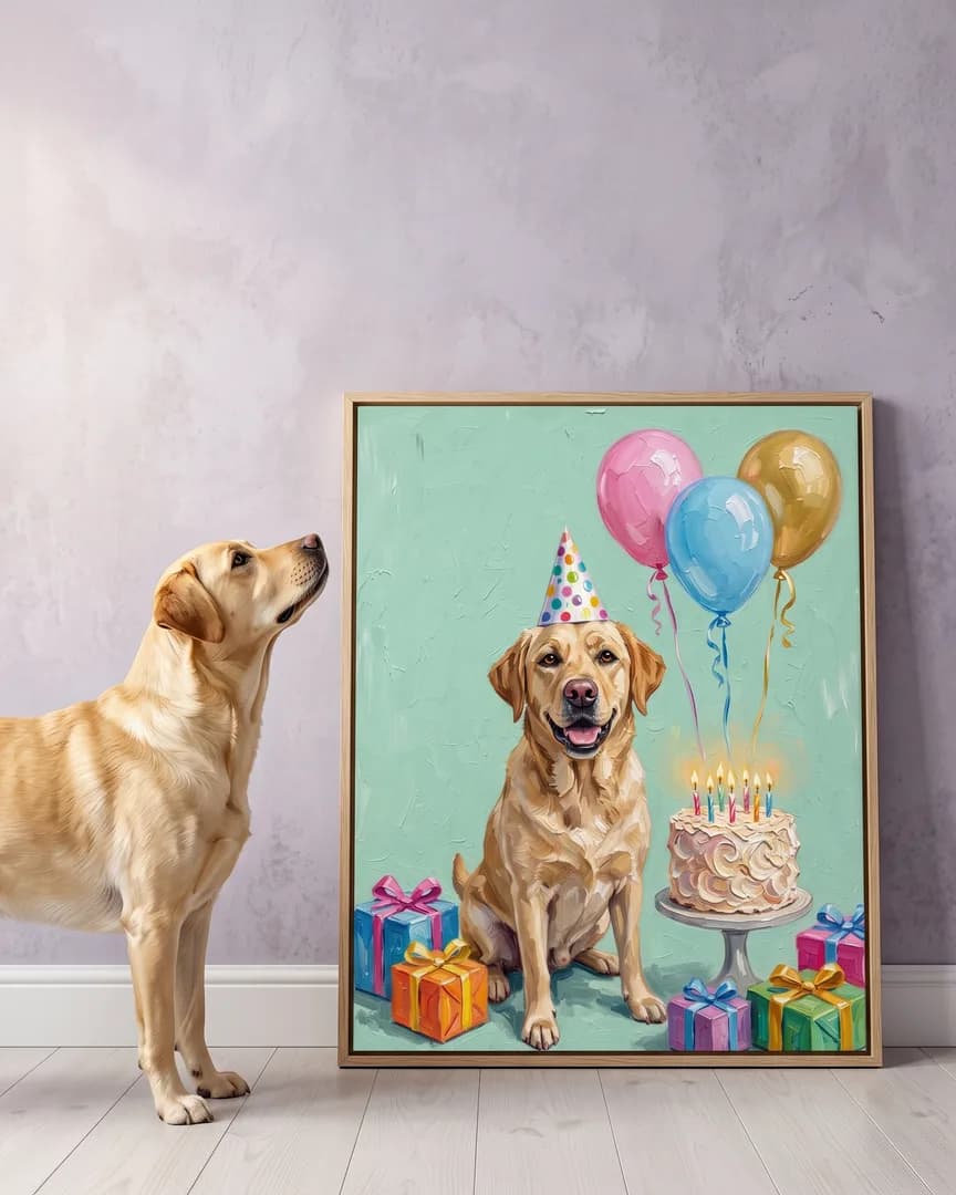 Marley, un labrador jaune, à côté d'une toile encadrée en chêne naturel de son portrait Gâteau et Confettis.