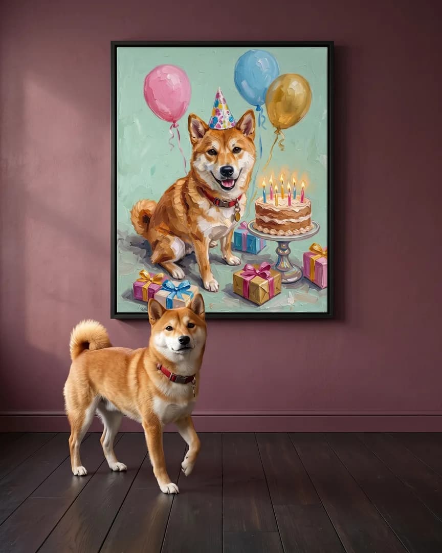 Suki, un shiba inu, à côté d'une toile encadrée noire de son portrait Gâteau et Confettis.