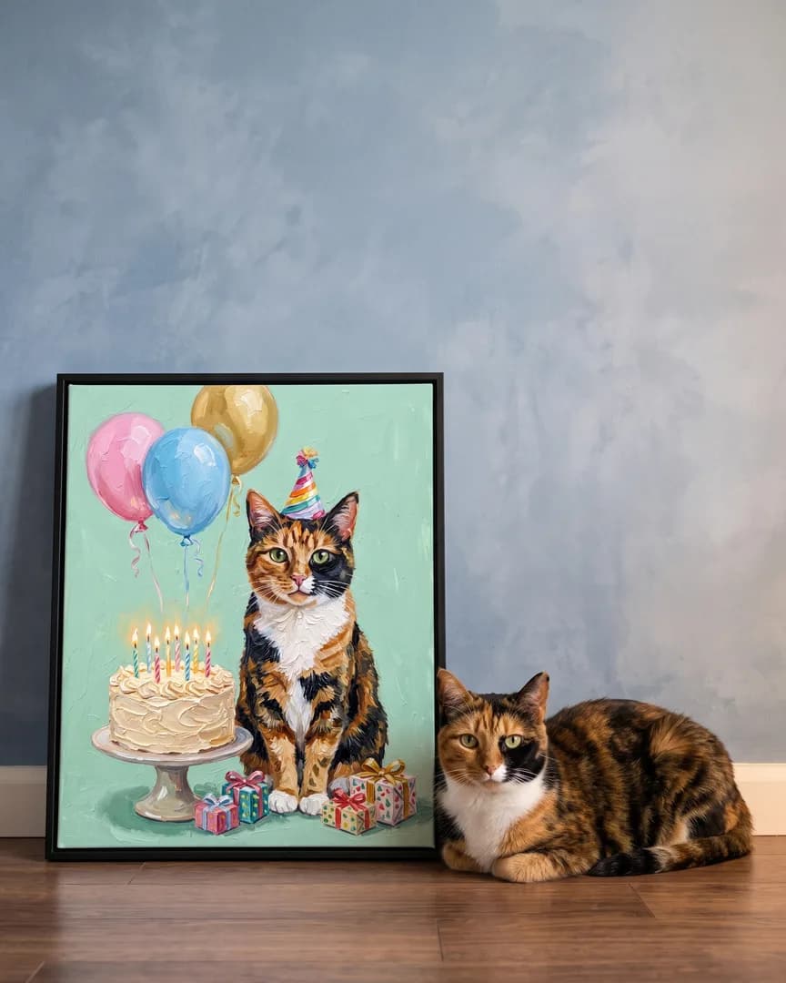 Patch, un chat calico, à côté d'une toile encadrée noire de son portrait Gâteau et Confettis.