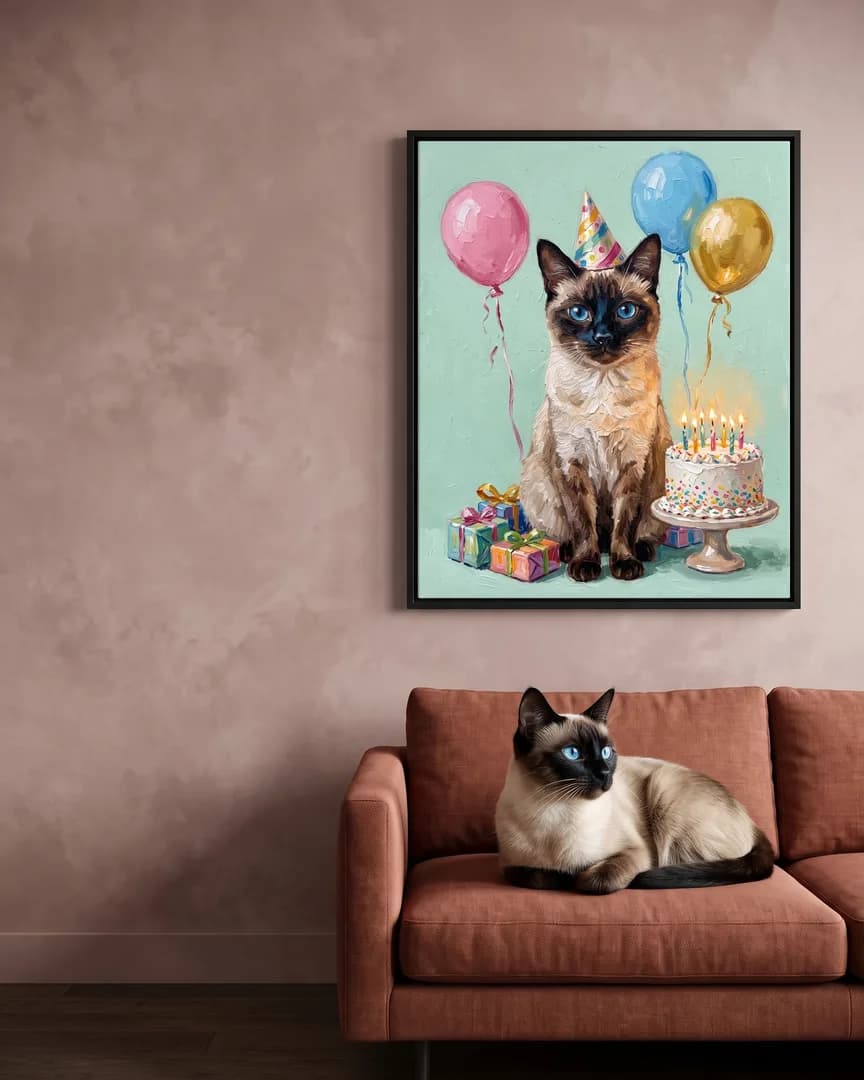 Sable, un chat siamois, à côté d'une toile encadrée noire de son portrait Gâteau et Confettis.