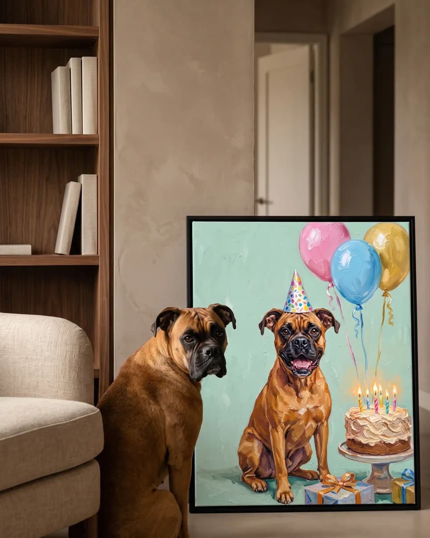 Rocco, un boxer, à côté d'une toile encadrée noire de son portrait Gâteau et Confettis.