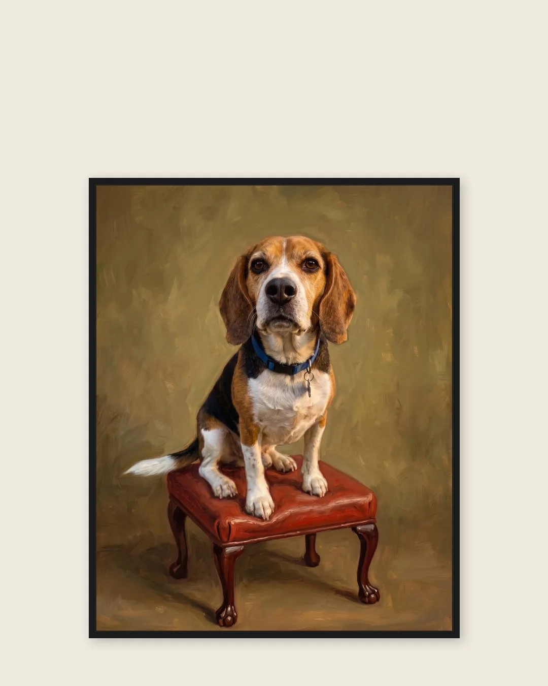 A black float-framed canvas of Buddy, a beagle, in the Conservatory Perch style.